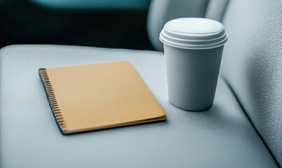 Coffee cup and a blank notebook sitting on a car seat invites creativity and travel planning.