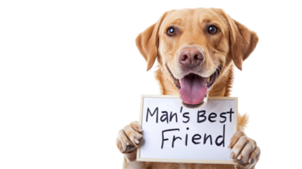 A Cute Labrador Dog Hold a Signboard with Man's Best Friend Message Posing for a Photo Png.