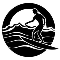 Silhouetted surfer riding wave at sunset silhouette vector illustration