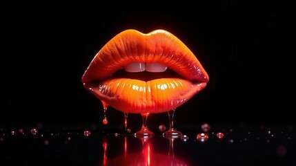 Sensual glossy lips with vibrant orange lipstick dripping onto a dark reflective surface, creating a striking visual effect.