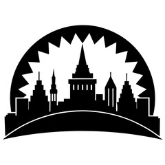 Sunrise behind a famous city landmark silhouette vector illustration