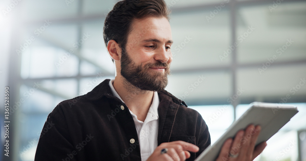 Aufkleber Smile, creative and business man with tablet in office for networking or social media marketer online. Technology, startup and worker reading email, review campaign and brand promotion on platform