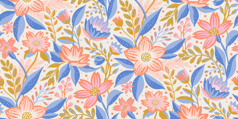 Vibrant seamless floral pattern featuring stylized flowers and leaves in pink, blue, and gold hues. Whimsical hand-drawn style with a lively appearance. Ideal for textiles, wallpaper, or packaging.