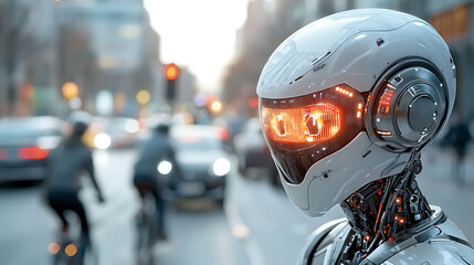 Robotic traffic assistant navigating urban streets cityscape technology showcase futuristic environment close-up viewpoint innovative concept