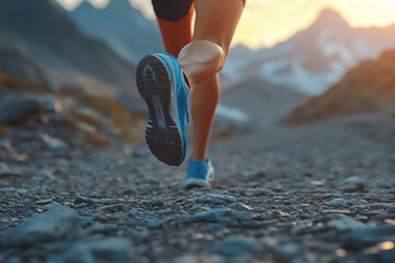 a close-up shot of a person's legs wearing running shoes, running on a rocky terrain, with a blurred background of mountains and sunset,