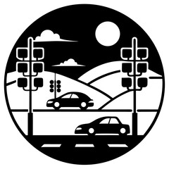 Naklejka premium Sunset with traffic light sand moving car silhouette vector illustration