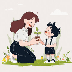 식목일 나무 심는 엄마와 아이 Mother and Son Planting a Tree Together – Arbor Day Illustration