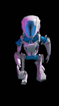 Seamless loop vertical video of a robot running isolated with copyspace, copy space banner. Funny futuristic sci-fi background.