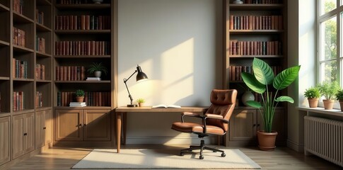 A sunlit study with a brown leather executive chair at a wooden desk, nestled between built-in wooden bookshelves filled with numerous books and potted plants