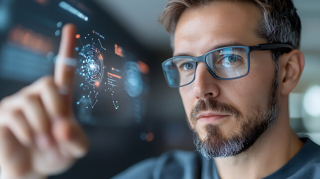 Researcher programming quantum algorithm at modern tech lab close-up digital interface innovative environment futuristic viewpoint