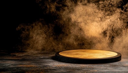 Elegant Golden Product Display Platform Enhanced by Atmospheric Smoke Effect Against Dark Backdrop