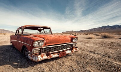 An abandoned classic car sits rusting away in the desolate desert landscape under a cloudy sky.