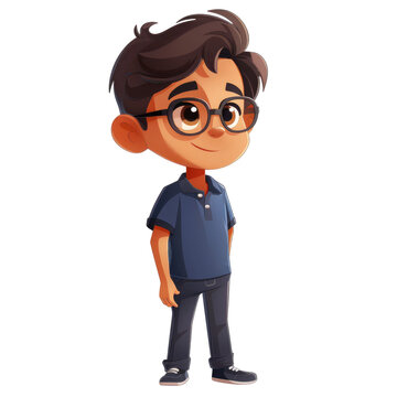 A cartoon boy with glasses, wearing a blue shirt and black pants, stands against png background.