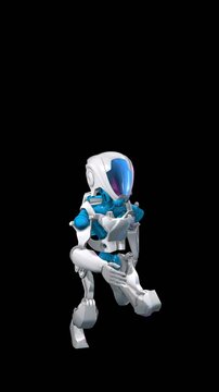 Seamless loop vertical video of a robot running isolated with copyspace, copy space banner. Funny futuristic sci-fi background.