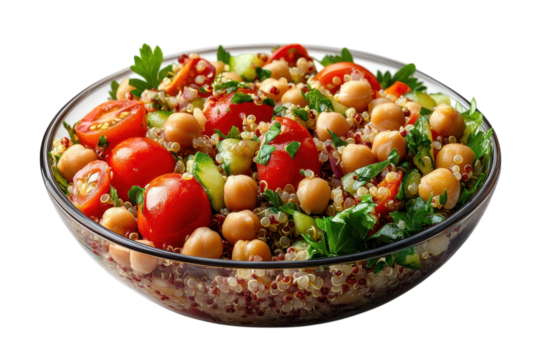 A Vibrant Quinoa And Chickpea Salad Bursting With Fresh Tomatoes And Cucumbers, A Healthy And Delicious Summer Meal In A Clear Glass Bowl Isolated on Transparent Background