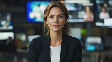 Close-up of a female TV announcer presenting live, professional broadcaster delivering news with confidence and poise