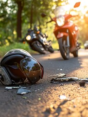 Motorcycle Accident Scene Showing Damage and Broken Debris on Pavement