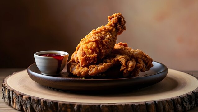cryspy chicken in  wooden plate withe red suace cup realistic portrait 