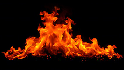 Fototapeta premium Fire Flames on Black Background, Blazing Heat Effect, Burning Flame Texture, Wildfire Flames and Sparks on Dark