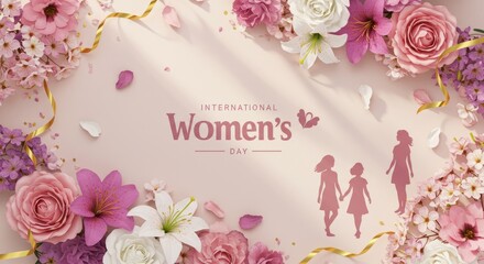Greeting card with a frame of pink roses and floral decorations for woman day