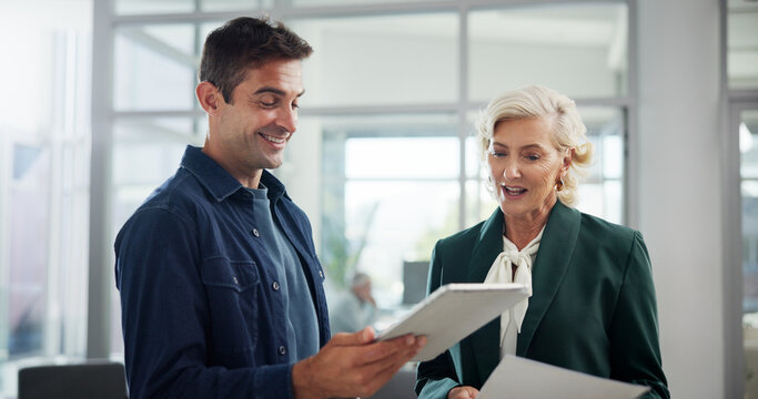 Client, tablet and discussion with business people in office for negotiation, feedback and planning. Advisor, consulting and proposal with employee in agency for contract policy, review and project