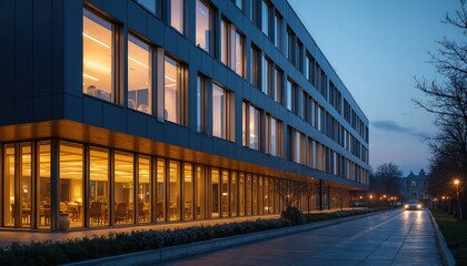 Obraz premium Modern office building exterior in evening. Illuminated windows reflect warm interior light. Contemporary architecture, urban cityscape. Corporate finance district, business center. Dusk twilight