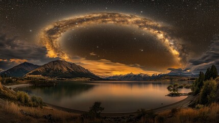 Milky Way Arch Over Serene Lake and Majestic Mountains