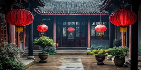 Naklejka premium Ancient Chinese Courtyard: This evocative image captures the serene beauty of an ancient Chinese courtyard. Red lanterns hang, casting a warm glow.