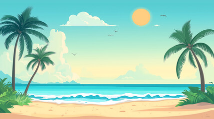 Obraz premium A clean and minimal flat design illustration of a tropical beach scene featuring palm trees, gentle ocean waves, and a bright sun, perfect for background images.