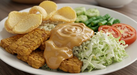 Gado-gado Salad with Peanut Sauce Tempeh and Vegetables Plate Close-up
