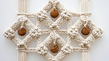 Beige Macrame Wall Hanging with Wooden Beads