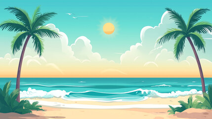 Obraz premium A clean and minimal flat design illustration of a tropical beach scene featuring palm trees, gentle ocean waves, and a bright sun, perfect for background images.