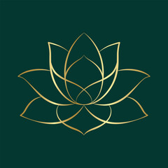 Simple lotus flower line drawing gold on green background. Lotus Blossom Symbol Icon. Logo. Vector illustration concept of Abstract Lotus flower