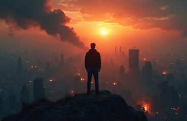 Silhouette of man standing atop rock overlooking burning city. Post-apocalyptic scene at sunset with orange sky clouds. Destruction, war, disaster, ruin. Symbol of human resilience or impending doom.