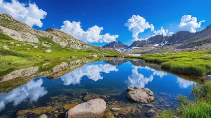 Serene Mountain Reflection: Captivating landscape showcasing a pristine lake nestled amidst majestic mountains under a vibrant blue sky dotted with fluffy clouds, reflecting the picturesque vista. 