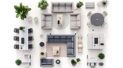 Office furniture arrangement for customizable workspace planning top view set with seating areas tables and plants practical design for printing and cutting

