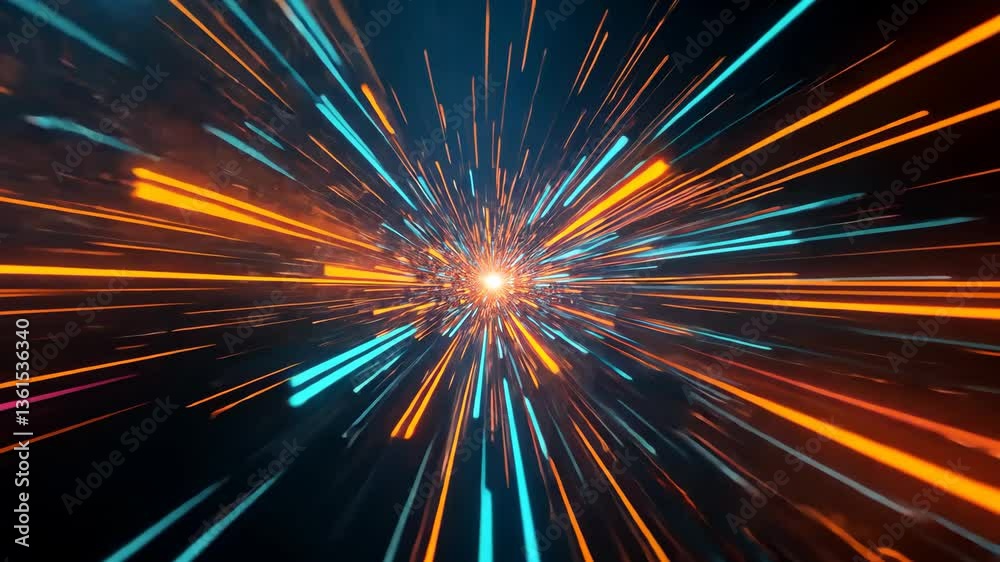 Wall mural abstract digital tunnel with neon lines and dynamic particles moving towards central light
