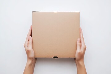 Female hands with cardboard pizza box