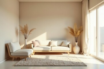 Serene Minimalist Living Room Interior Design with Natural Light and Neutral Tones Featuring a Comfortable Sofa and Armchair