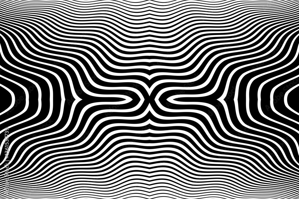 Wall mural abstract symmetrical wavy lines pattern. black and white textured background.