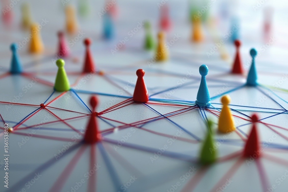Poster network connections are visualized through colorful pegs and strings on a flat surface in a creative