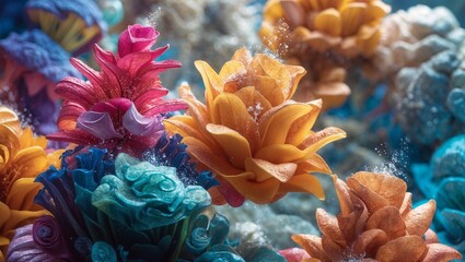 Underwater garden of colorful coral reef blossoms with anemones in the tropical sea