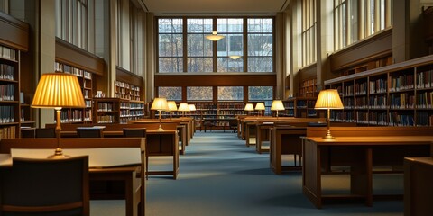 Serene Library interior: A timeless architectural design, the library features long rows of wooden bookshelves and desks bathed in the soft glow of natural light.