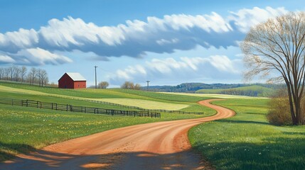 Fototapeta premium Scenic countryside with red barn winding road and fluffy clouds landscape