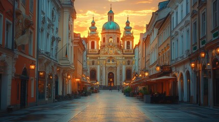 Obraz premium Beautiful European city street with a stunning church at sunset