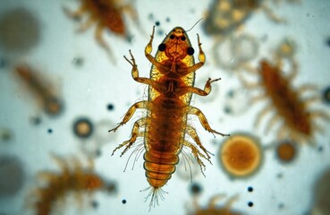 Microscopic view of soil microorganism. Photo shows microarthropod specimen with intricate details. Concept for biology research, soil science, farming, agriculture. Scientific study, lab,