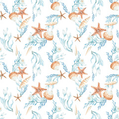 Seashells and seaweed seamless watercolor pattern. Hand drawn ornament with starfish, bubbles, underwater plants and shells. Template for textile design, label, fabric and wallpaper.