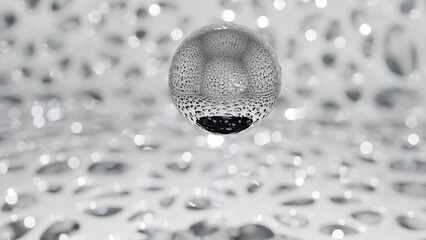 Shinning sphere is floating on porous ground with bubble blur background (3D Rendering)