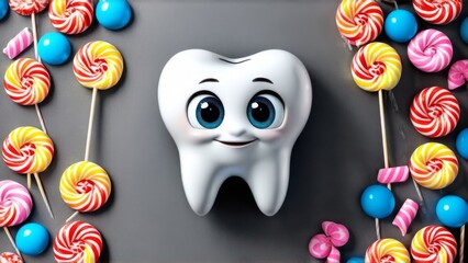  white tooth with sweets on a gray background, top view