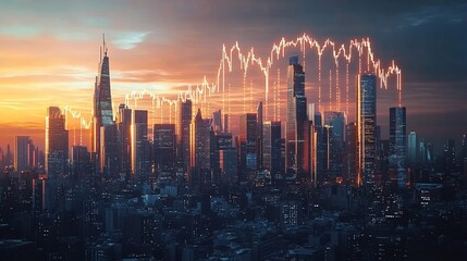 Financial graph over city skyline at sunset illustrating market trends and economic activity
